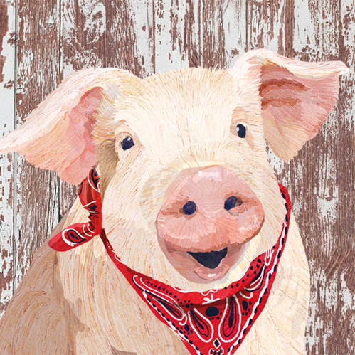 “Napkin featuring Charlotte the pig wearing a red bandanna, illustrated by Two Can Art.”