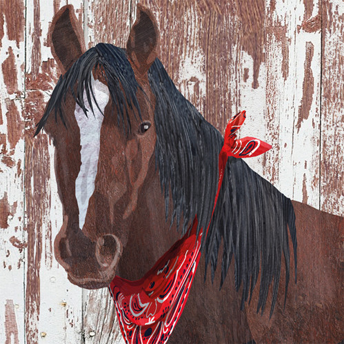 “Napkin featuring Clyde the horse wearing a western bandanna, illustrated by Two Can Art.”