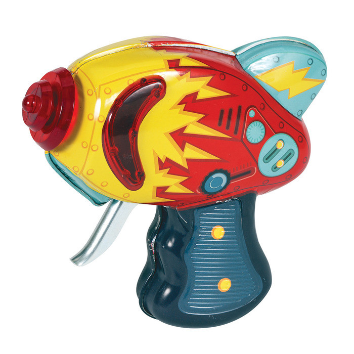Red vintage tin atomic raygun with spark chamber and pull‑trigger action