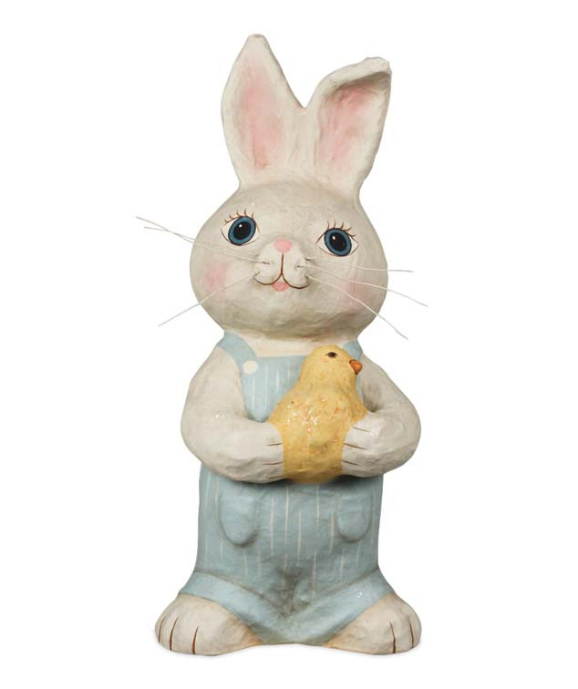 paper mache bunny boy in overalls holding chick with glitter accents and bendable whiskers