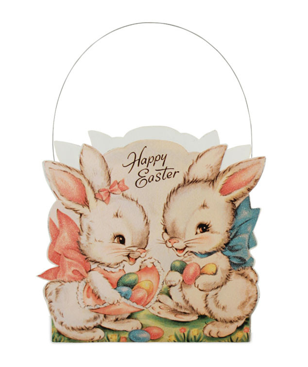 retro pressed paper easter bunny bucket with glitter accents and wire handle inspired by vintage easter card artwork