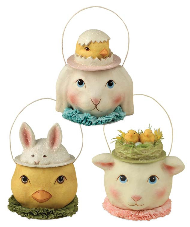 “Vintage‑style mini Easter containers — bunny, lamb, and chick with removable hats.”