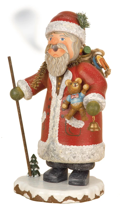 hubrig santa smoker red coat with teddy bell snow covered tree german folk art