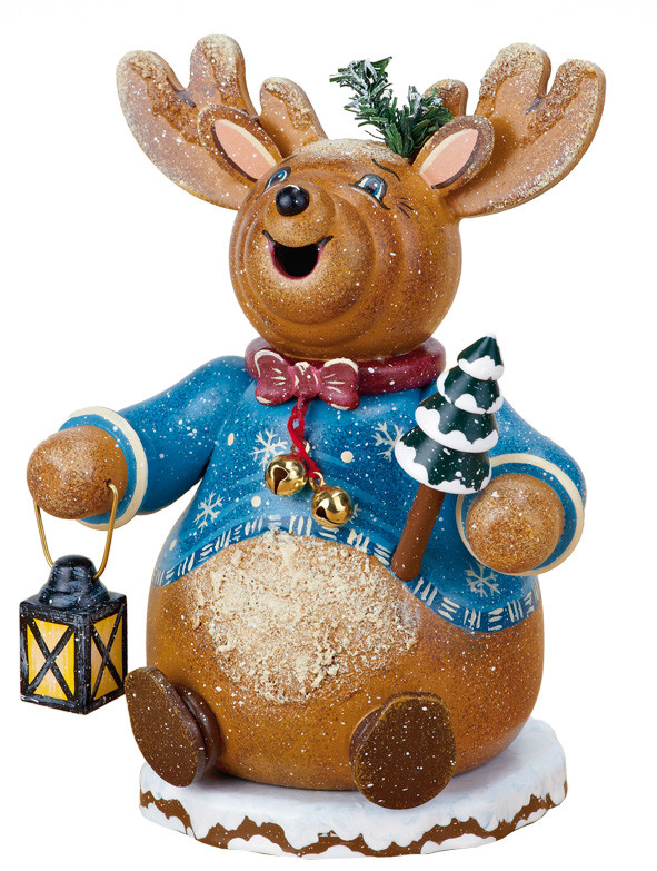 hubrig reindeer smoker with lantern fir tree blue sweater purple bow tie german erzgebirge