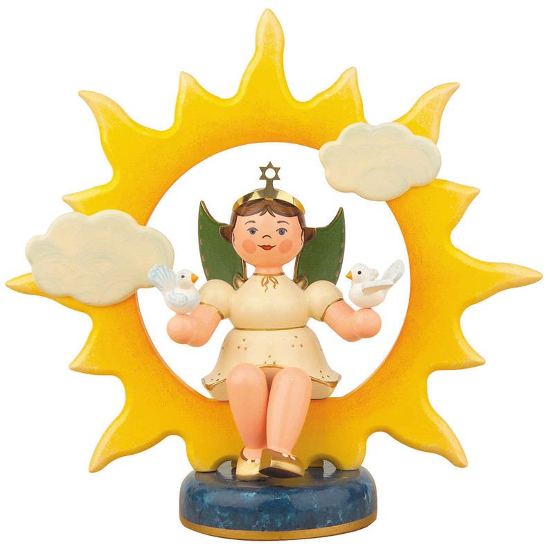 A hand‑painted wooden angel from Hubrig’s Angels of Heaven collection, surrounded by doves and sunlight, reciting a guardian angel prayer.