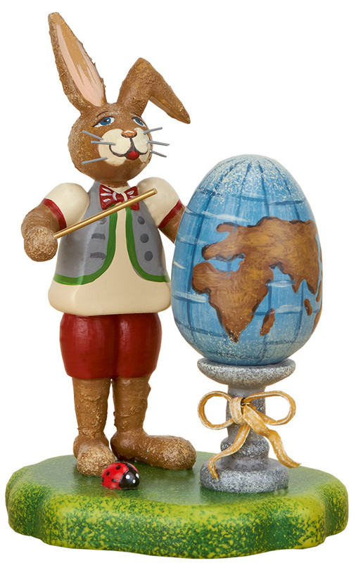 hubrig bunny school boy with globe figurine, hand painted wooden collectible