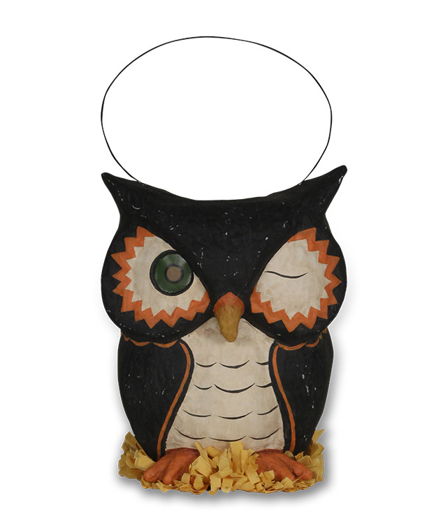 “Vintage hand‑painted papier mâché owl bucket with one winking eye, crepe‑paper nest, and rustic primitive finish.”