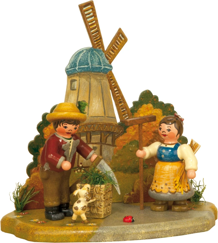 hubrig autumn miniature with farmer, wife, harvest basket, puppy, and windmill
