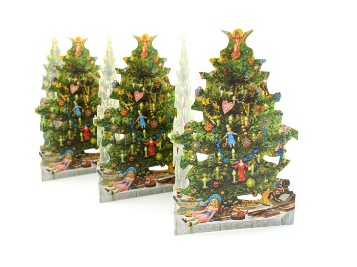 swedish paper fold‑out of a vintage-style christmas tree with candles and ornaments, printed on both sides