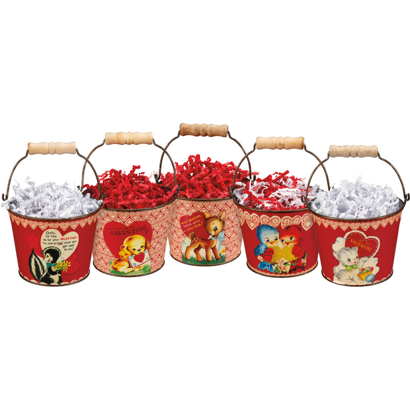 Set of five nostalgic Valentine buckets with vintage animal artwork, metal handles, and wooden grips.
