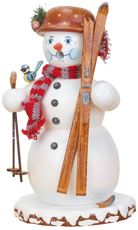 hubrig snowman smoker with skis broken tip bird on shoulder winter figurine