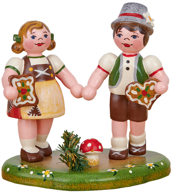 “hubrig hansel and gretel wooden figure with candy cottage, handcrafted erzgebirge folk art miniature”