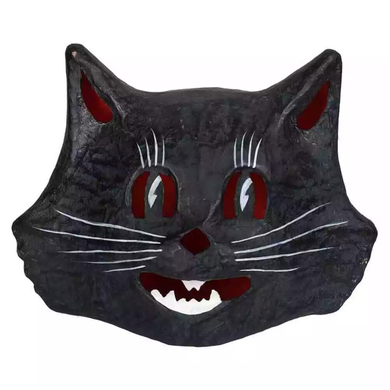 “Vintage‑style papier mâché Mr. Shady Cat with wide toothy grin, pointed ears, and primitive hand‑painted finish.”