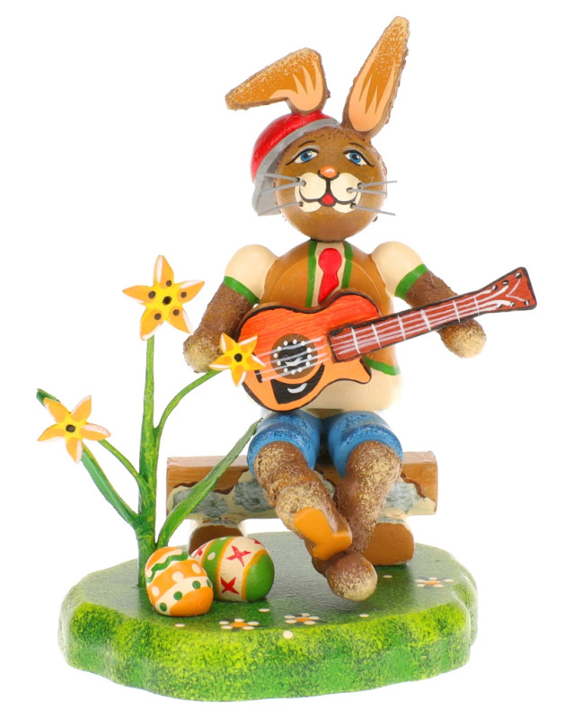 hubrig bunny band boy with guitar figurine, hand painted wooden collectible