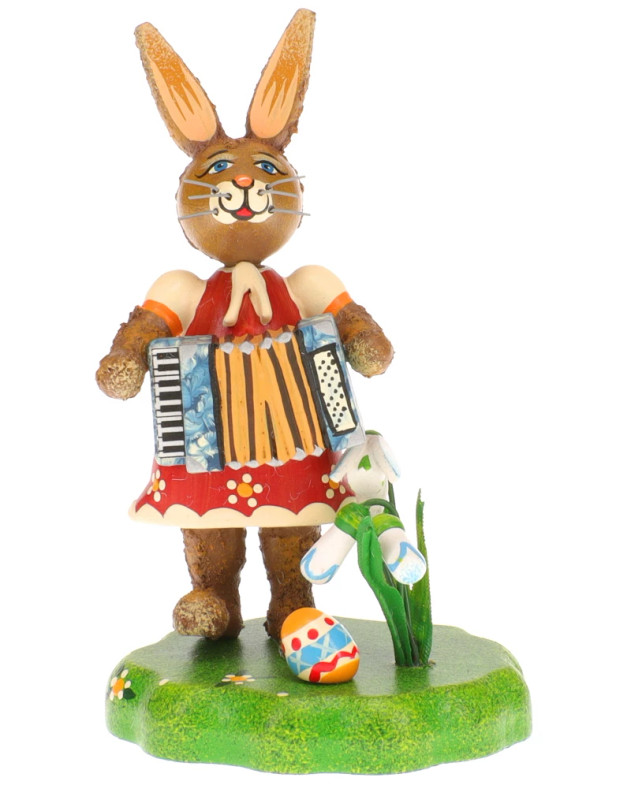 hubrig bunny band girl with accordion figurine, hand painted wooden collectible
