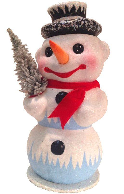 snowman paper mache candy container by ino schaller holding Christmas tree