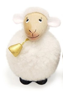 white wooden sheep shelf sitter with felt details and faux wool coat