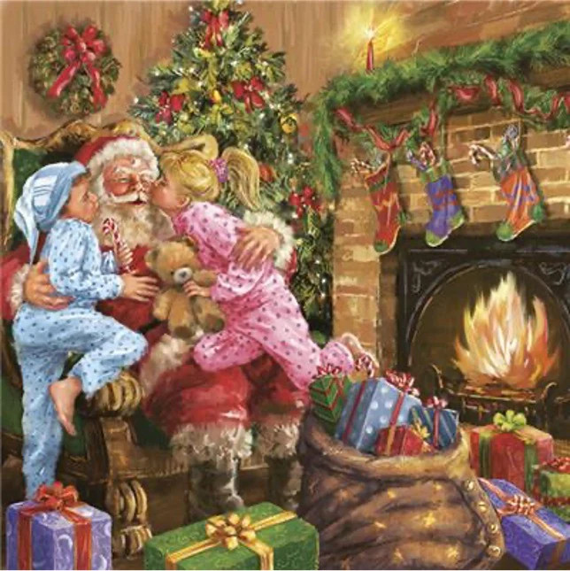 “Christmas napkin featuring Santa with children by the fireplace.”