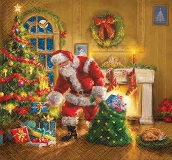 “Christmas napkin featuring Santa placing gifts under the tree.”