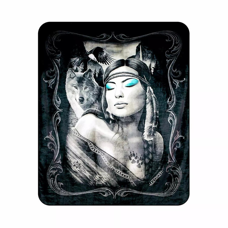 DGA Day of The Dead Native American Dreamweaver W/Wolf Queen Flannel Blanket