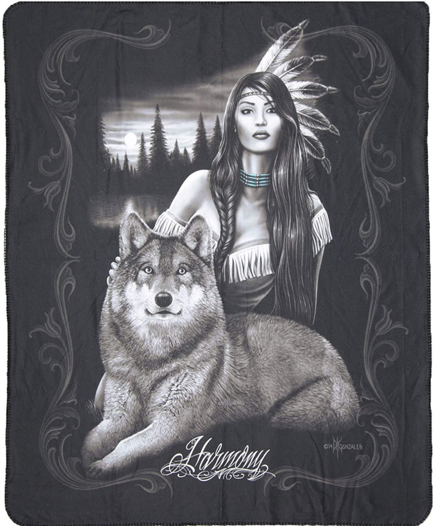 DGA Day of the Dead Art Harmony Wolf Queen Size Throw Plush Blanket Native Woman