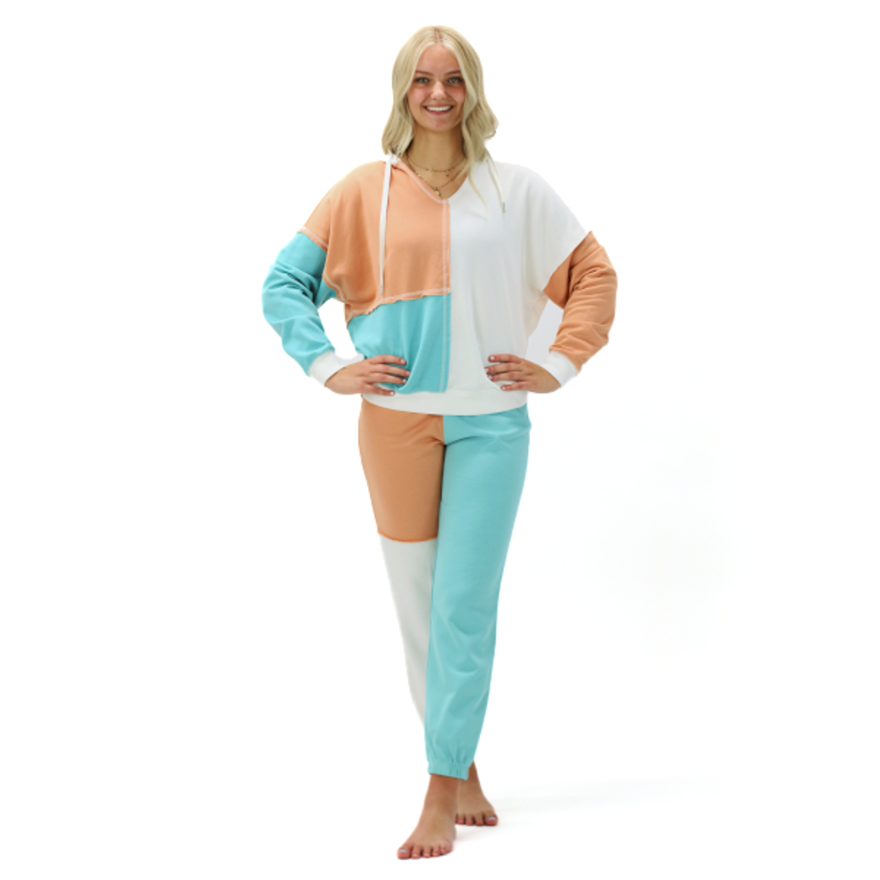 【KOOLOSET】Peach Deep Tuck Balloon Jogger Color Block Hooded Jogger Set