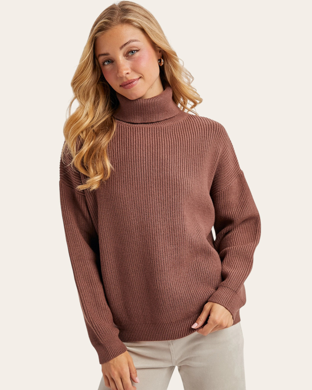 Talia Ribbed Turtleneck Sweater – Mocha Mauve Trendy Threads