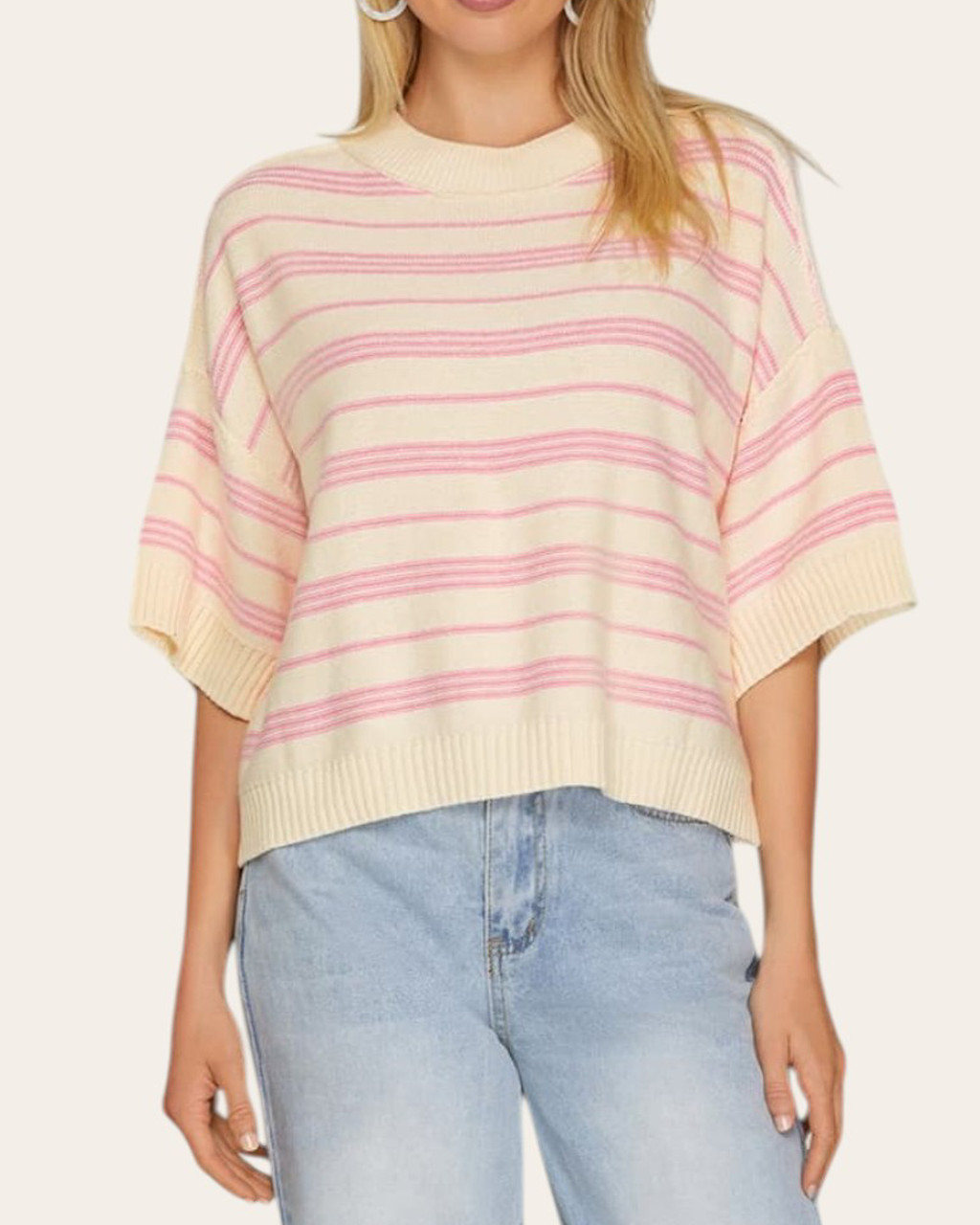 Cassie Pink Striped Half Sleeve Sweater | Trendy Threads Roscoe, SD