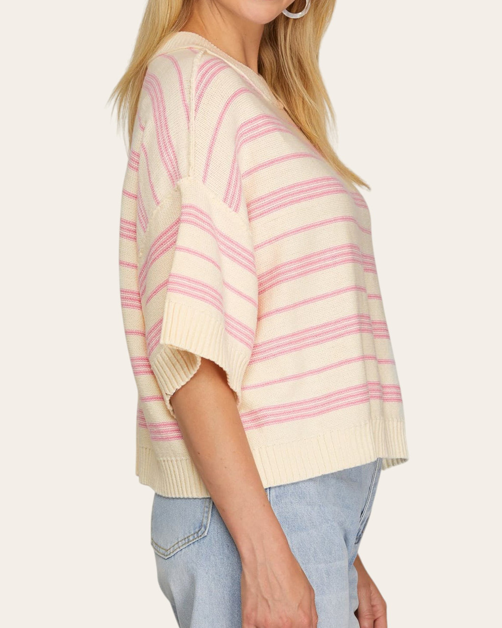 Cassie Pink Striped Half Sleeve Sweater | Trendy Threads Roscoe, SD