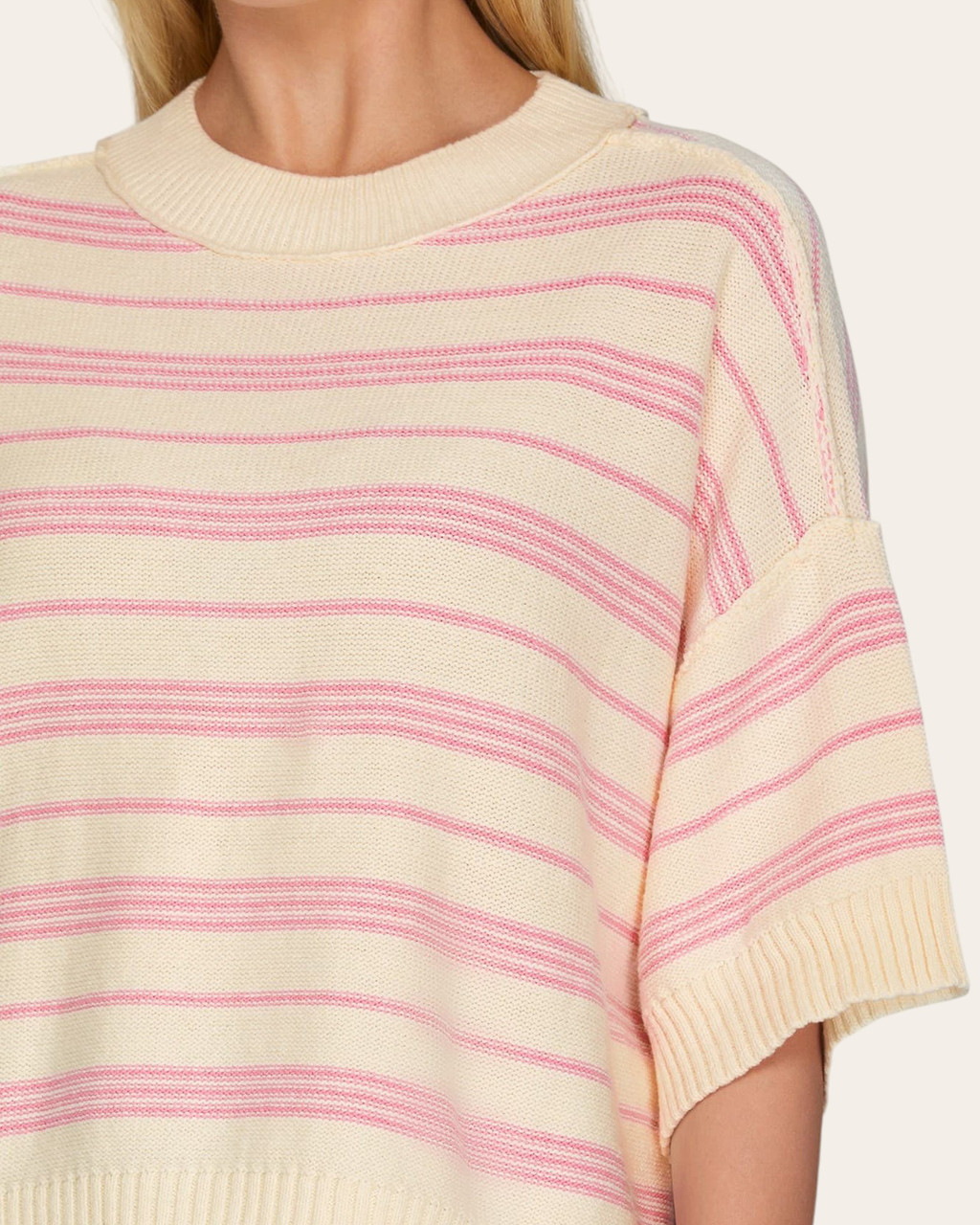 Cassie Pink Striped Half Sleeve Sweater | Trendy Threads Roscoe, SD