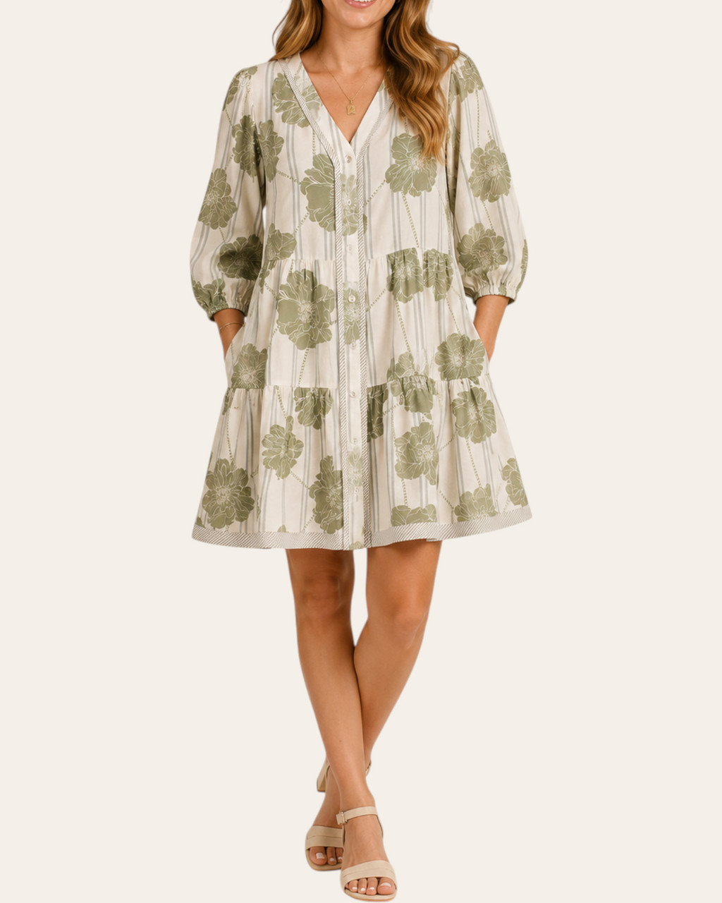 Botanical Print Pintuck Dress Sage | Trendy Threads Roscoe SD Boutique