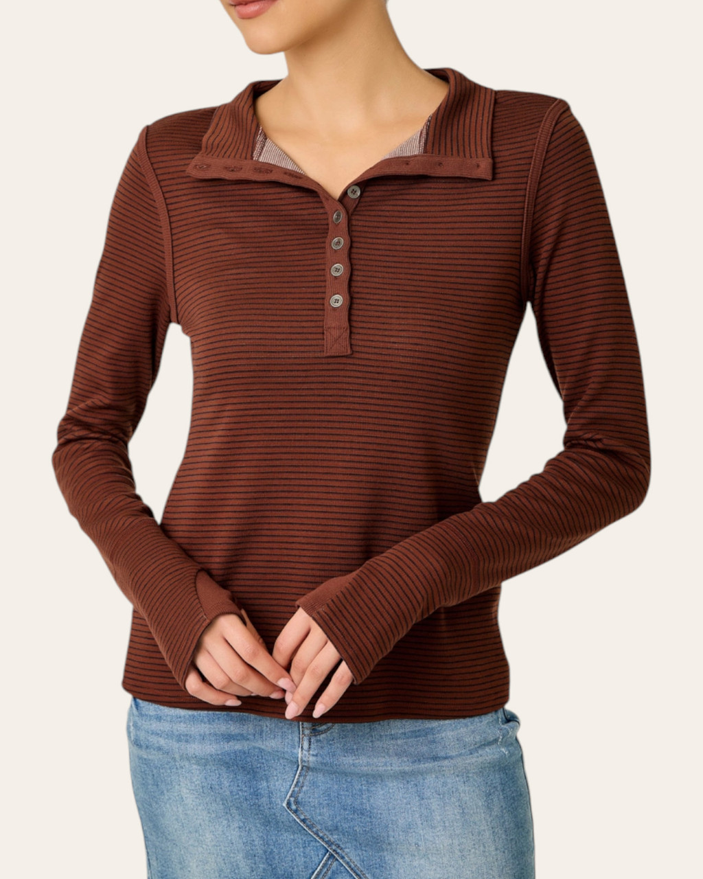 High Neck Striped Henley in Brick/Navy | Trendy Threads Roscoe SD