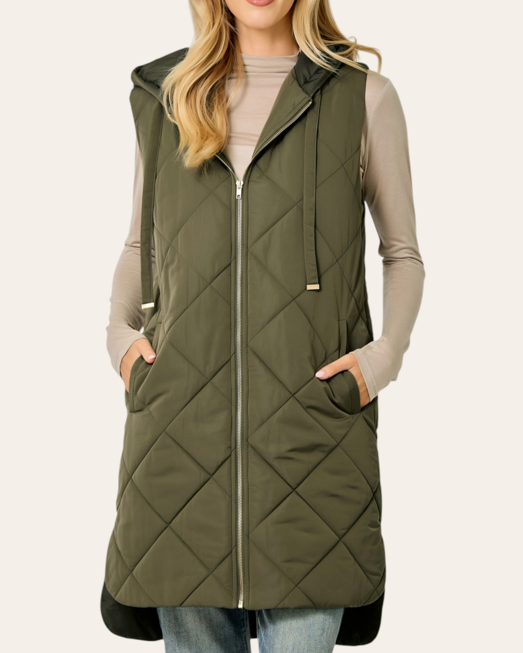 HYKE 近年 QUILTED LONG VEST カーキ Karen Quilted Long Vest - Olive | Trendy Threads Boutique Midwest