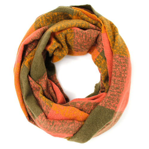 Plaid infinity scarf in shades of coral and olive.