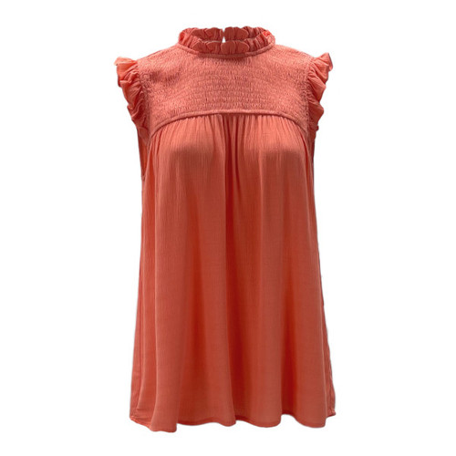 Smocked Ruffle Neck Blouse - Hot Coral