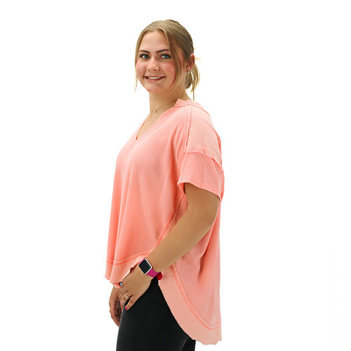 On The Down Low Notched Thermal Tee - Coral