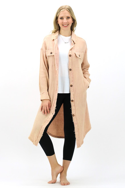 Mineral Washed Long Shirt Jacket - Mauve