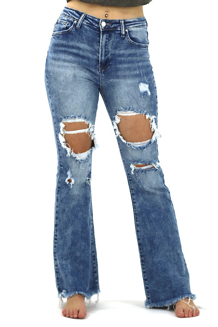Maiken Distressed Acid Wash Flare Jeans by Risen