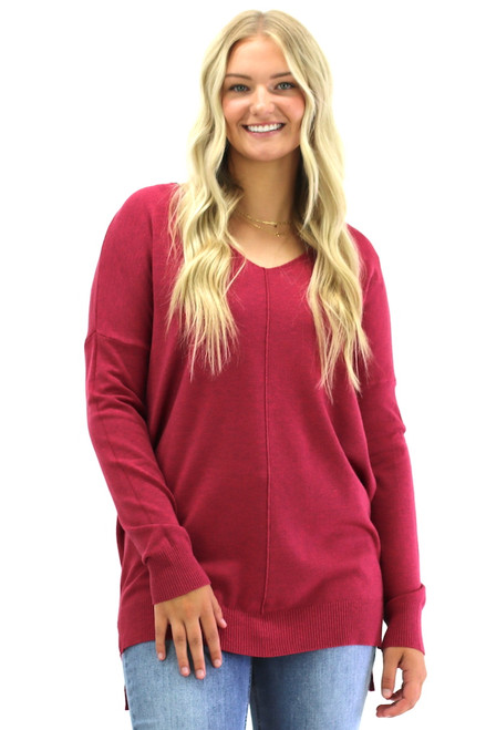 If You Only Knew V-Neck Sweater - Heather Red