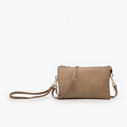 The Riley Crossbody in a sophisticated latte shade, combining style with function. It boasts two outer compartments, a central zippered pocket, and a secure top zipper, plus an adjustable and detachable shoulder strap, six cardholder slots, and a wristlet strap for various carrying options.