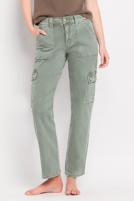 A woman is partially shown wearing the Sarah Cargo Jeans in a light army green color, offering a fresh take on classic denim. The jeans have an elastic waist with button and zip closure, a high-rise waistband, and straight-cut legs with cargo-style pockets, perfect for both casual and office settings.