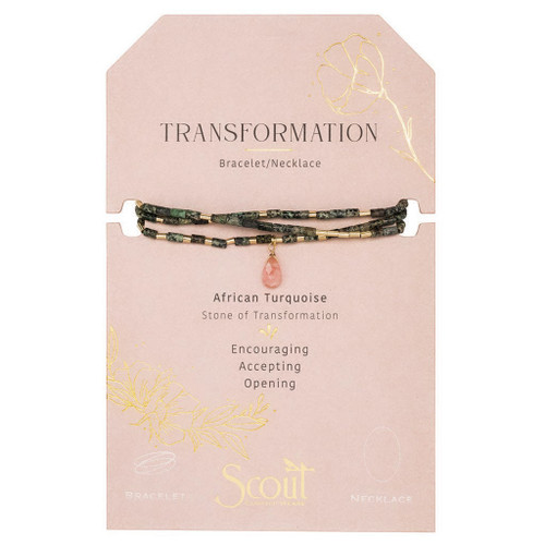 A versatile piece of jewelry presented on a pale pink card, with the option to wear it as a bracelet or necklace. The design features cylindrical African Turquoise beads interspersed with metallic tubes, capped off with a watermelon glass teardrop. The card, detailed with gold foil illustrations and text, labels the item as a "Stone of Transformation" and provides encouraging words.