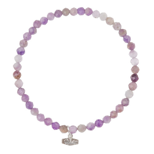 A circular amethyst bead bracelet with a silver Scout logo charm.