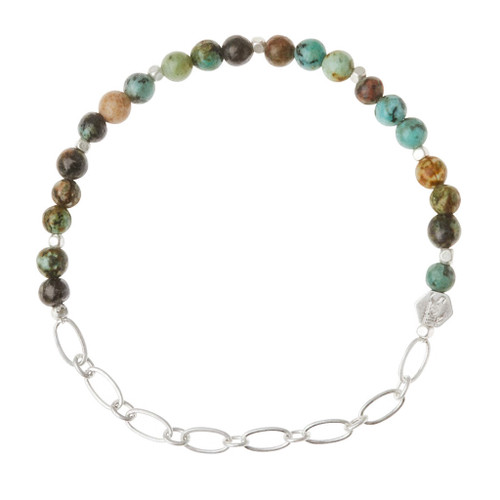 Half-beaded bracelet with African turquoise stones and half silver paperclip chain, featuring an engraved hexagon Scout logo bead.