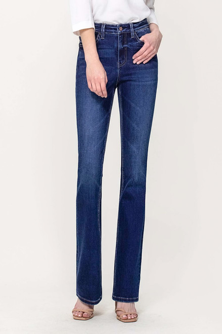 Close-up of the front view of a person wearing Bailey High Rise Bootcut Jeans by Vervet, showcasing the high-rise waist and classic five-pocket styling.