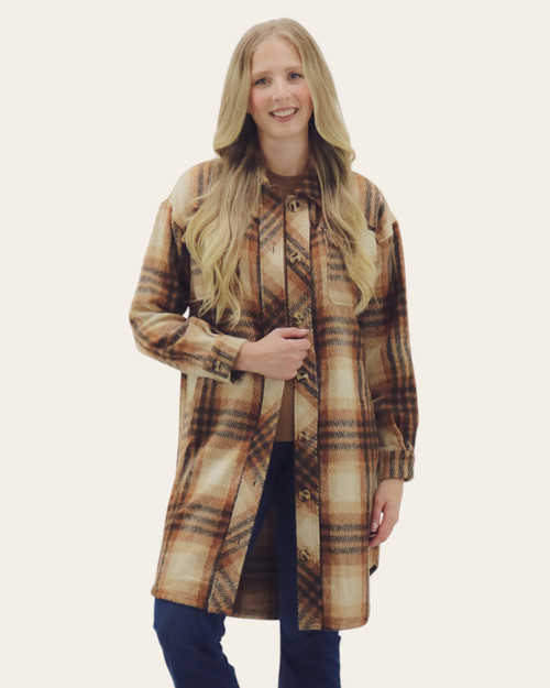 Front view of Portland Long Plaid Shacket in camel tones, perfect longline shacket for fall layering with jeans and casual tops.
