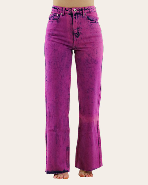 Front view of Crissy purple high-rise straight jeans with stone-washed black overlay and raw hem.