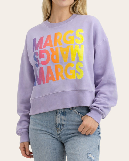 Front view of the lavender Margs Margs Margs Cropped Sweatshirt featuring a vibrant rainbow graphic print and boxy fit.