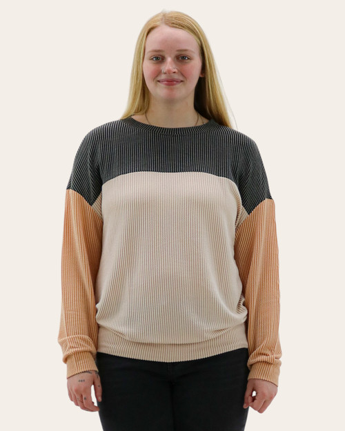 Front view of a woman wearing a relaxed colorblock ribbed top with round neckline and multicolor sleeves.