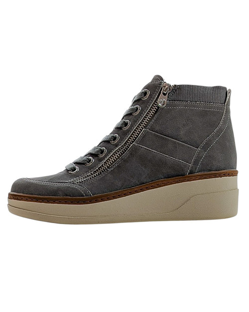 Right side view of gray suede women's sneakers with wedge sole, functional side zipper, and detailed stitching.